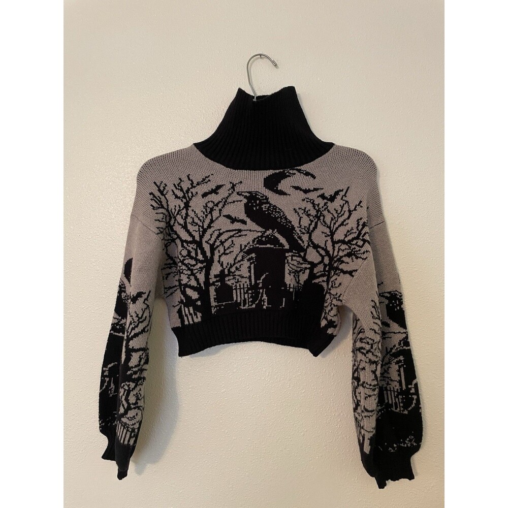 Romwe Black Tan Small Turtle Neck Long Sleeve Cropped Sweater Halloween Raven